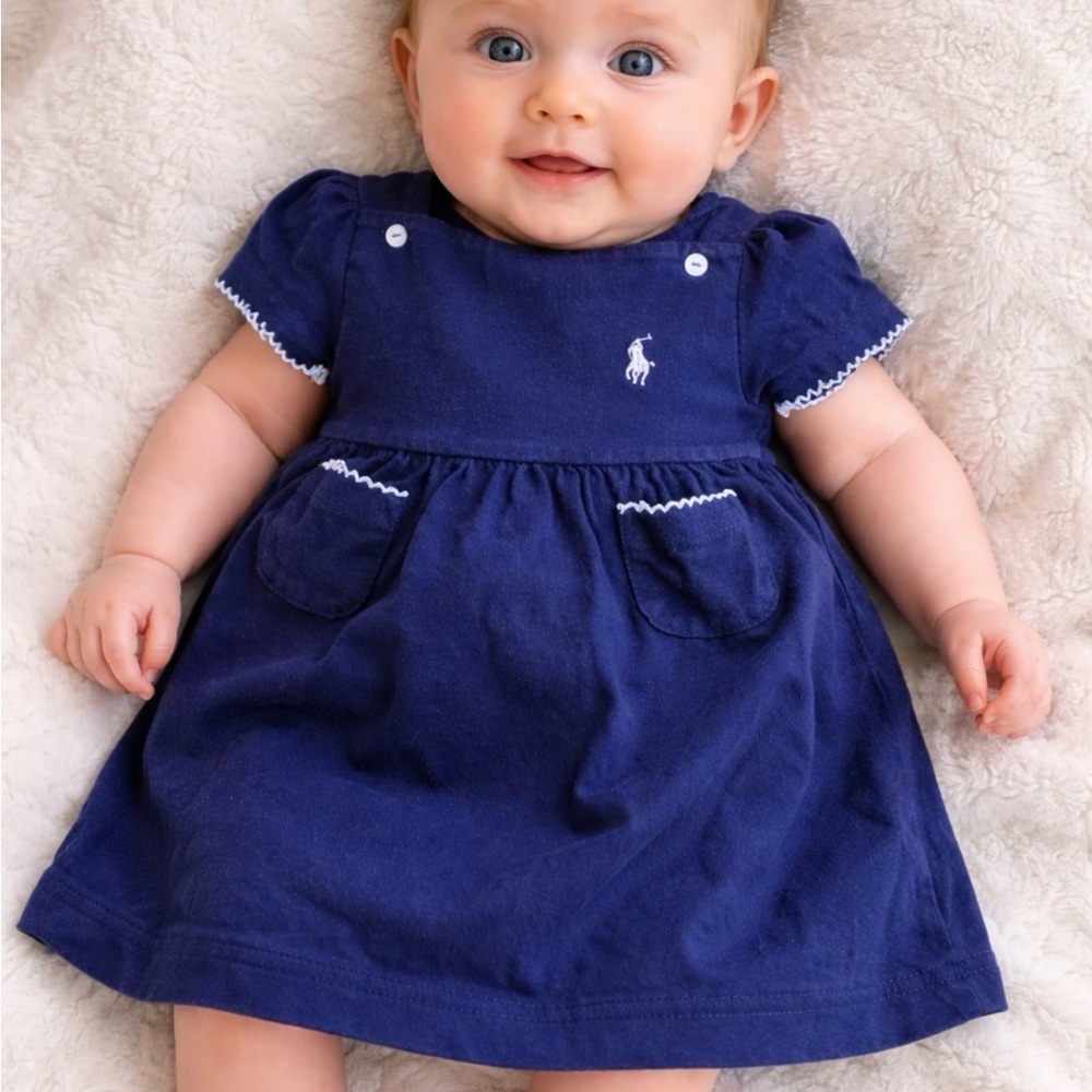 Ralph Lauren Navy Baby Polo Dress with Scallop Trim